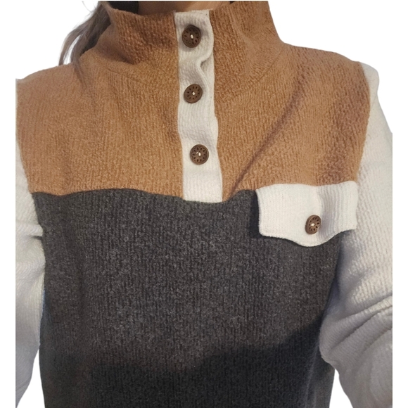 Womens Green & Tan Fleece Colorblock Mockneck Sweater Sz M Equestrian Preppy - Picture 5 of 6